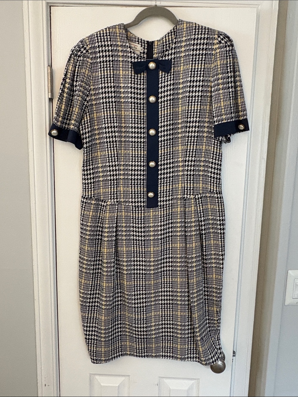 VTG Talbots Donna Ricco Navy Houndstooth Dress Pearl Buttons Bow Short Sleeve 14